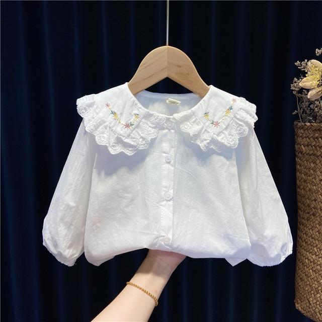 Bawełniana bluzka z długim rękawem dla dziewczynki - maluch, biała, hafty koronkowe - Wianko - 2