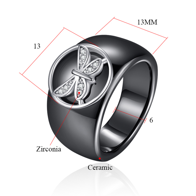 Duży pierścień ceramiczny, czarno-biały z motylem, wysadzany cyrkoniami - Wianko - 1