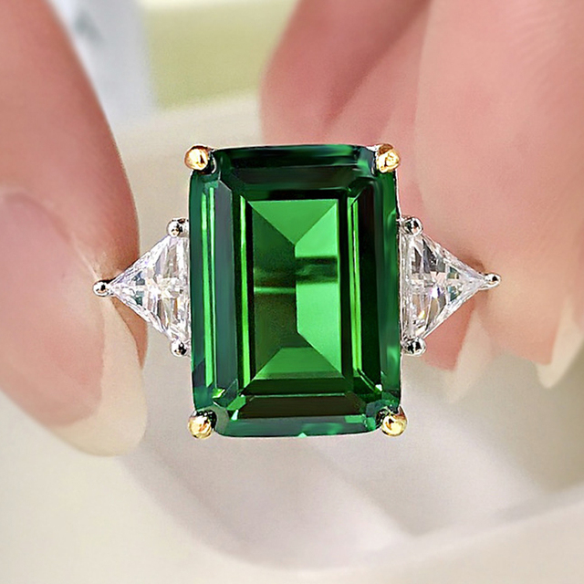 Pierścionek Emerald Cut zielony cyrkon 10*14mm, srebro próby 925, iskrzący, wysokiej jakości biżuteria - Wianko - 1