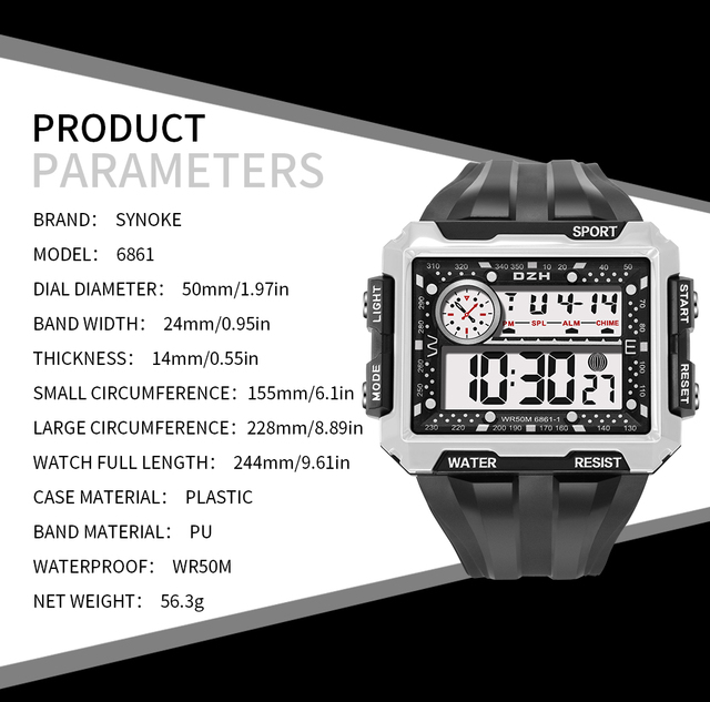 Duże cyfrowe zegarki męskie dla chłopców 15-20 lat, sportowe, wodoodporne (50M), z budzikiem, datą i podwójnym czasem, kolor czarny - nowe - Wianko - 6