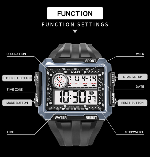Duże cyfrowe zegarki męskie dla chłopców 15-20 lat, sportowe, wodoodporne (50M), z budzikiem, datą i podwójnym czasem, kolor czarny - nowe - Wianko - 5