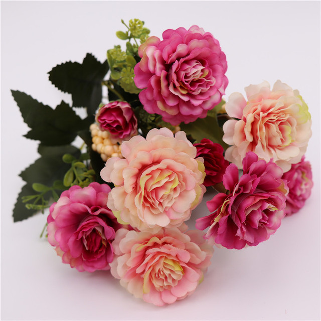14 głowic jedwabnej róży piwonii - mały bukiet spotkań rodzinnych i dekoracji ślubnych wiosną - Wianko - 14