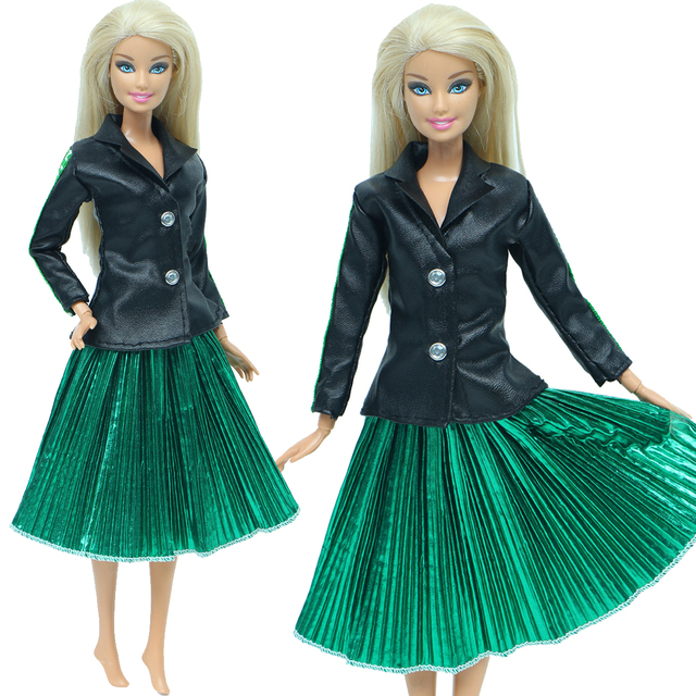 Zestaw nowoczesnych strojów dla Barbie Doll - czarny szampan, skórzana kurtka, zielona szara plisowana spódnica - Wianko - 7