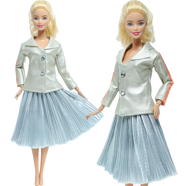 Zestaw nowoczesnych strojów dla Barbie Doll - czarny szampan, skórzana kurtka, zielona szara plisowana spódnica - Wianko - 6