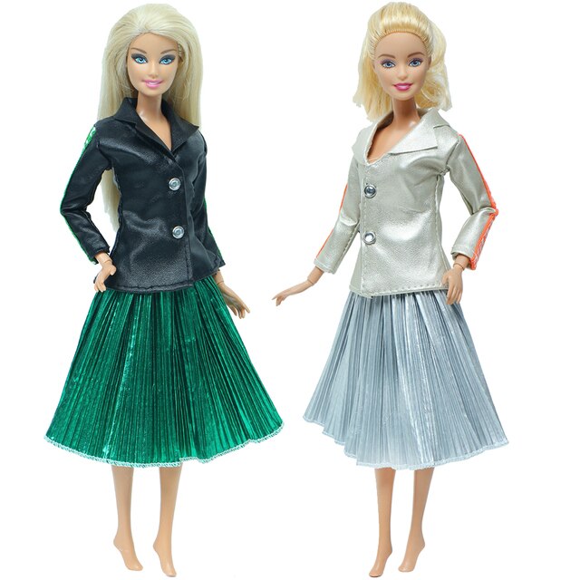Zestaw nowoczesnych strojów dla Barbie Doll - czarny szampan, skórzana kurtka, zielona szara plisowana spódnica - Wianko - 4