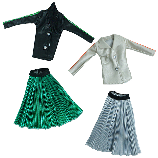 Zestaw nowoczesnych strojów dla Barbie Doll - czarny szampan, skórzana kurtka, zielona szara plisowana spódnica - Wianko - 8