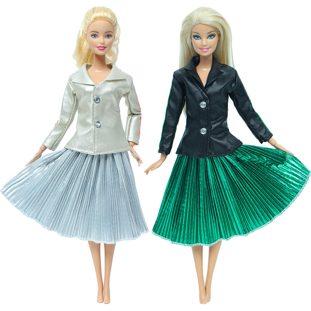 Zestaw nowoczesnych strojów dla Barbie Doll - czarny szampan, skórzana kurtka, zielona szara plisowana spódnica - Wianko - 2