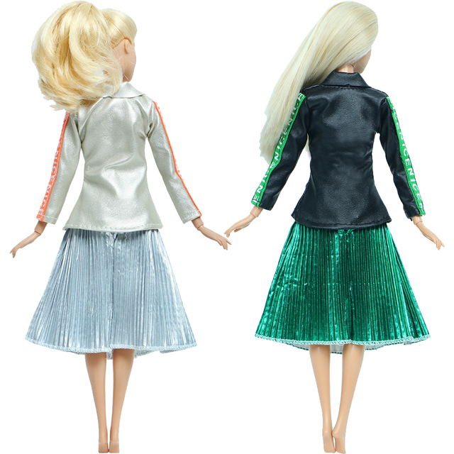 Zestaw nowoczesnych strojów dla Barbie Doll - czarny szampan, skórzana kurtka, zielona szara plisowana spódnica - Wianko - 5
