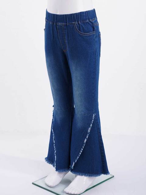 Dziewczęce dżinsowe spodnie dzianinowe z elastycznym pasem i szerokimi nogawkami, w modnym stylu krzyżowego zgrywania hemu - Wianko - 2