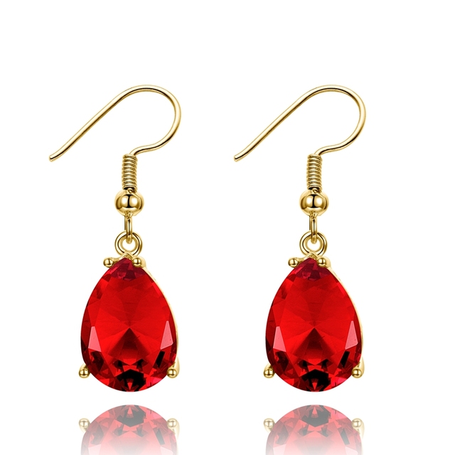 Kolczyki wiszące damskie z czerwonym kamieniem w złotym kolorze, wykonane z srebra 925 - 10x14MM - biżuteria na wesele i prezenty - Wianko - 18