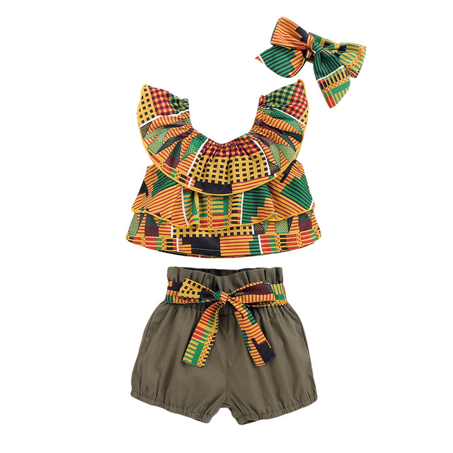Zestaw letnich ubrań dla dziewcząt FOCUSNORM - topy z ruffles i szorty z wzorem druku, wraz z pałąkiem - rozmiar 1-5Y - Wianko - 3