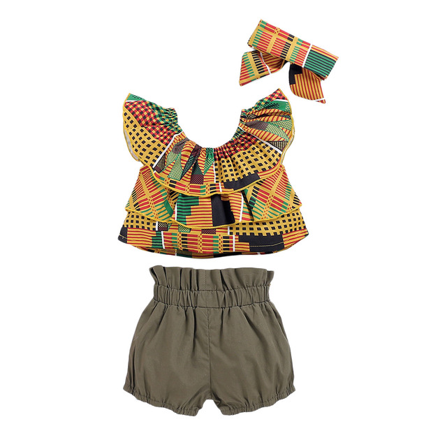 Zestaw letnich ubrań dla dziewcząt FOCUSNORM - topy z ruffles i szorty z wzorem druku, wraz z pałąkiem - rozmiar 1-5Y - Wianko - 1