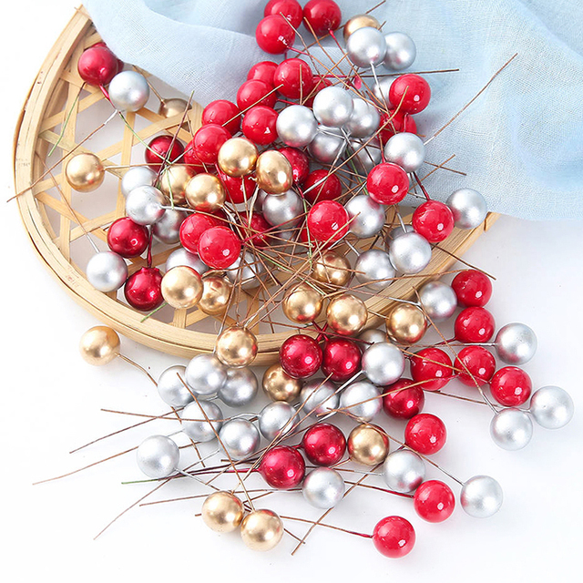 50/100 mini plastikowych sztuk czerwonych kwiatów cherry z perłowym pręcikiem do dekoracji ślubnych, bożonarodzeniowych, ciast i wieńców - Wianko - 2