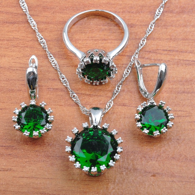 Zestaw biżuterii ślubnej z dużymi okrągłymi, naturalnymi kamieniami w kolorze zielonym - posrebrzane naszyjniki, kolczyki i bransoletki - Wianko - 2