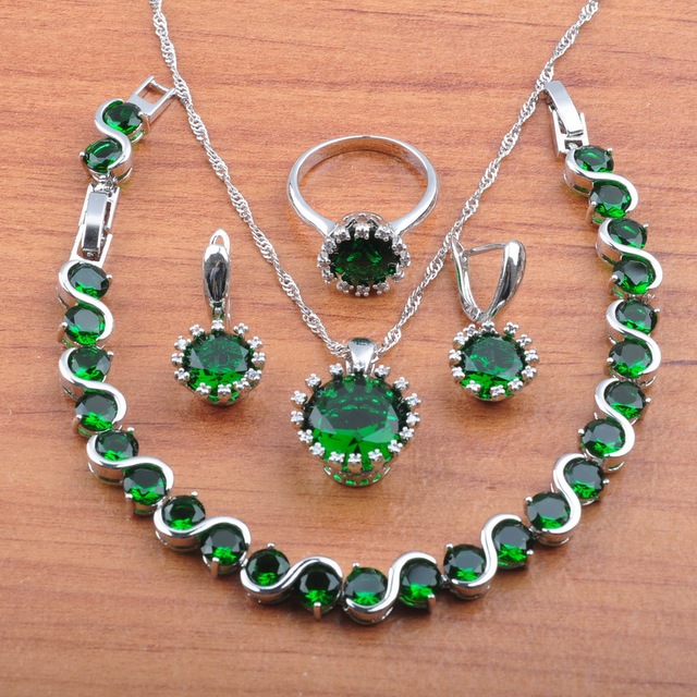 Zestaw biżuterii ślubnej z dużymi okrągłymi, naturalnymi kamieniami w kolorze zielonym - posrebrzane naszyjniki, kolczyki i bransoletki - Wianko - 1