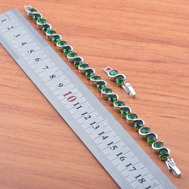 Zestaw biżuterii ślubnej z dużymi okrągłymi, naturalnymi kamieniami w kolorze zielonym - posrebrzane naszyjniki, kolczyki i bransoletki - Wianko - 6