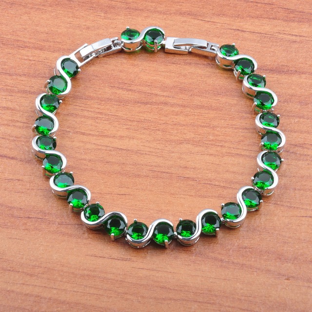 Zestaw biżuterii ślubnej z dużymi okrągłymi, naturalnymi kamieniami w kolorze zielonym - posrebrzane naszyjniki, kolczyki i bransoletki - Wianko - 5