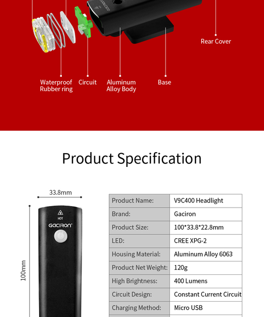 Gaciron Światło Rowerowe LED 400 lumenów 5 Trybów USB Reachargeable - Wianko - 8