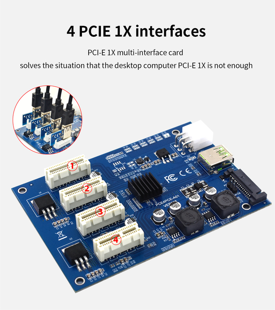 TISHRIC PCIe 1X do 4-portowych kart Riser USB 3.0 z zasilaniem SATA 15 pin + 6 pin - ASMedia - Wianko - 3