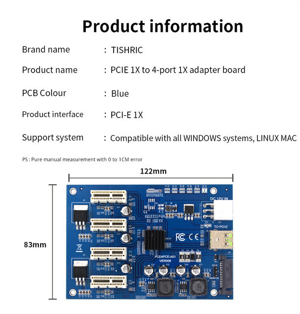 TISHRIC PCIe 1X do 4-portowych kart Riser USB 3.0 z zasilaniem SATA 15 pin + 6 pin - ASMedia - Wianko - 2