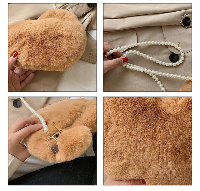 Torba z uchwytem - Moda pluszowa torba jesiennej i zimowej kolekcji dla kobiet z perłowym łańcuchem i sercem - małe torebki projektowane dla stylowych dam - Wianko - 22