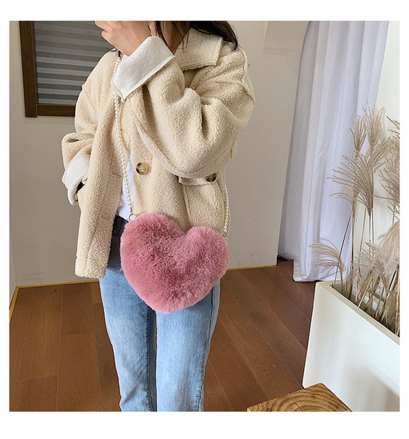 Torba z uchwytem - Moda pluszowa torba jesiennej i zimowej kolekcji dla kobiet z perłowym łańcuchem i sercem - małe torebki projektowane dla stylowych dam - Wianko - 10