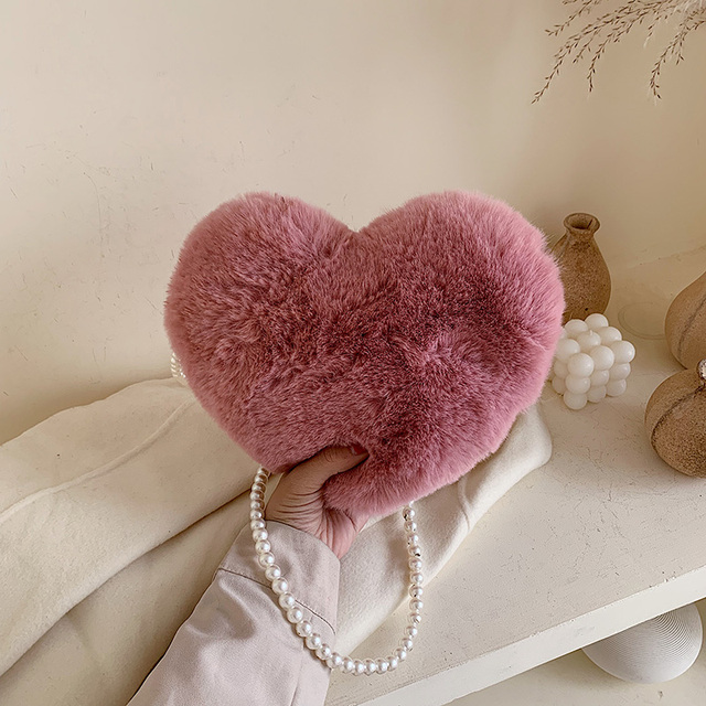 Torba z uchwytem - Moda pluszowa torba jesiennej i zimowej kolekcji dla kobiet z perłowym łańcuchem i sercem - małe torebki projektowane dla stylowych dam - Wianko - 9