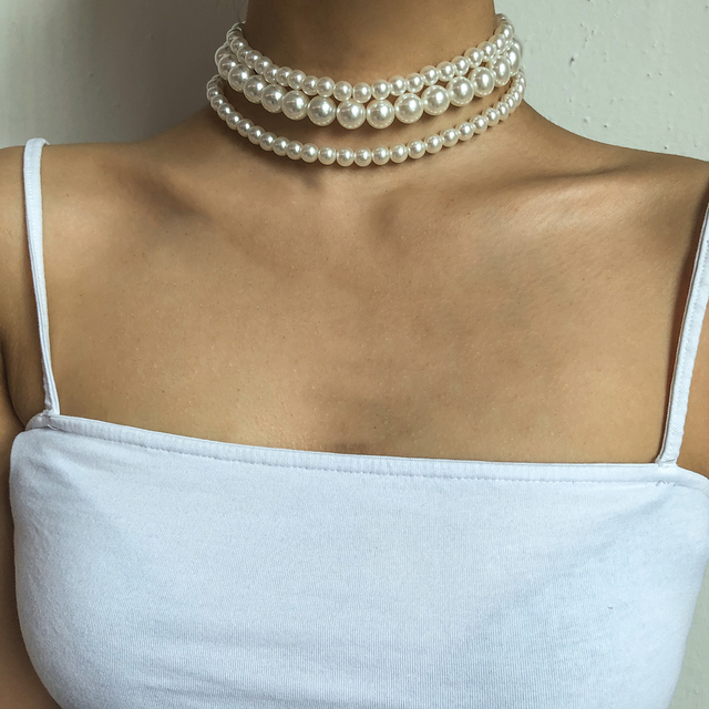 Krótki naszyjnik choker z imitacją perły, białe korale w wielu warstwach dla odważnych kobiet - Wianko - 1