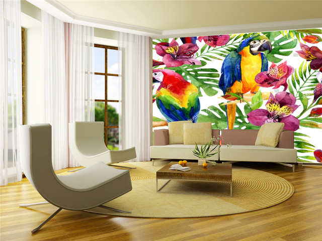 Tapeta akwarela papugi na kwiatowym tle - ozdoba do salonu i sypialni, na sofę lub ścianę - Wianko - 10