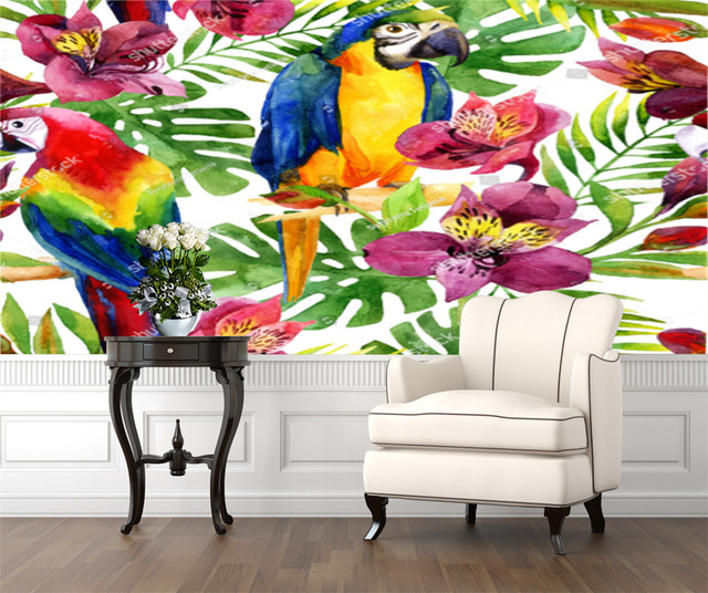 Tapeta akwarela papugi na kwiatowym tle - ozdoba do salonu i sypialni, na sofę lub ścianę - Wianko - 9
