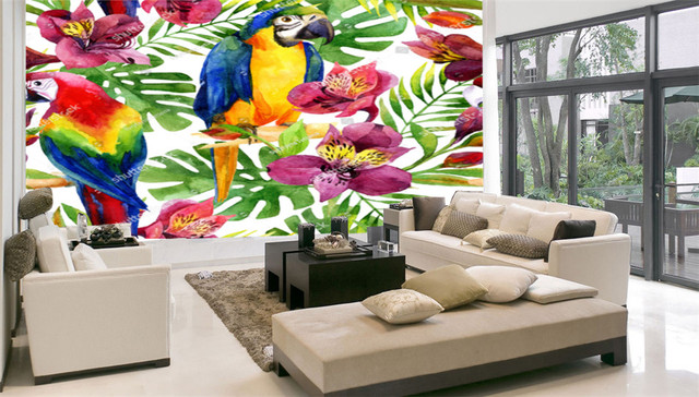 Tapeta akwarela papugi na kwiatowym tle - ozdoba do salonu i sypialni, na sofę lub ścianę - Wianko - 11