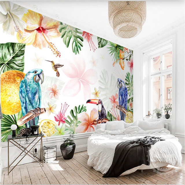 Tapeta akwarela papugi na kwiatowym tle - ozdoba do salonu i sypialni, na sofę lub ścianę - Wianko - 2