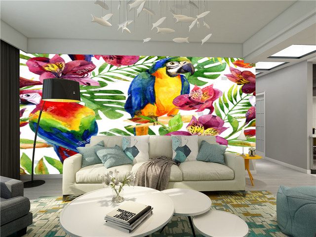 Tapeta akwarela papugi na kwiatowym tle - ozdoba do salonu i sypialni, na sofę lub ścianę - Wianko - 14