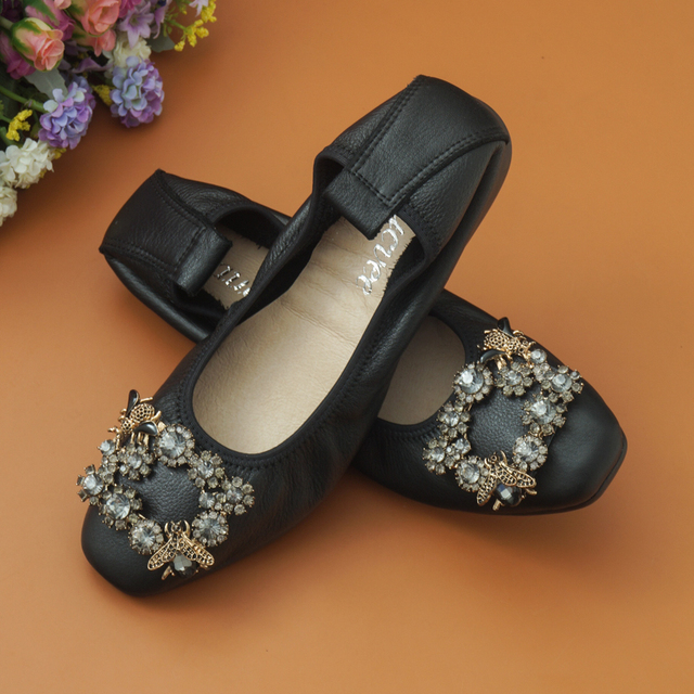 Miękkie płaskie buty damskie z naturalnej skóry, klamra kryształowa, opaska Vintage - Wianko - 1