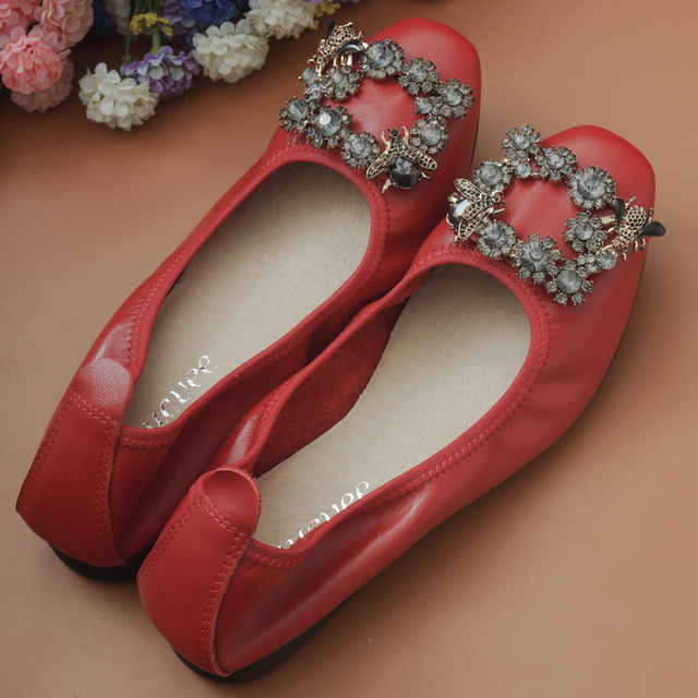 Miękkie płaskie buty damskie z naturalnej skóry, klamra kryształowa, opaska Vintage - Wianko - 9