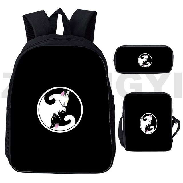 Plecak Mochila Anime czarno-biała z kotem Yin Yang, zestaw 3 sztuk - Wianko - 11