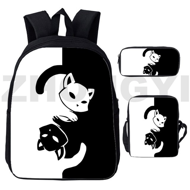 Plecak Mochila Anime czarno-biała z kotem Yin Yang, zestaw 3 sztuk - Wianko - 1