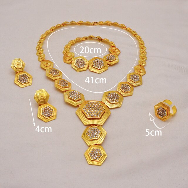 Egzotyczny zestaw biżuterii Dubaj złotego koloru: sześciokątne naszyjnik kolczyki bransoletka pierścień - wyjątkowa ozdoba dla eleganckiej kobiety - Wianko - 1