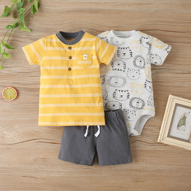 Zestaw ubrań dla niemowląt chłopców: koszulka z krótkim rękawem w kreski, body i spodenki 6-24M 3 sztuki - Wianko - 42