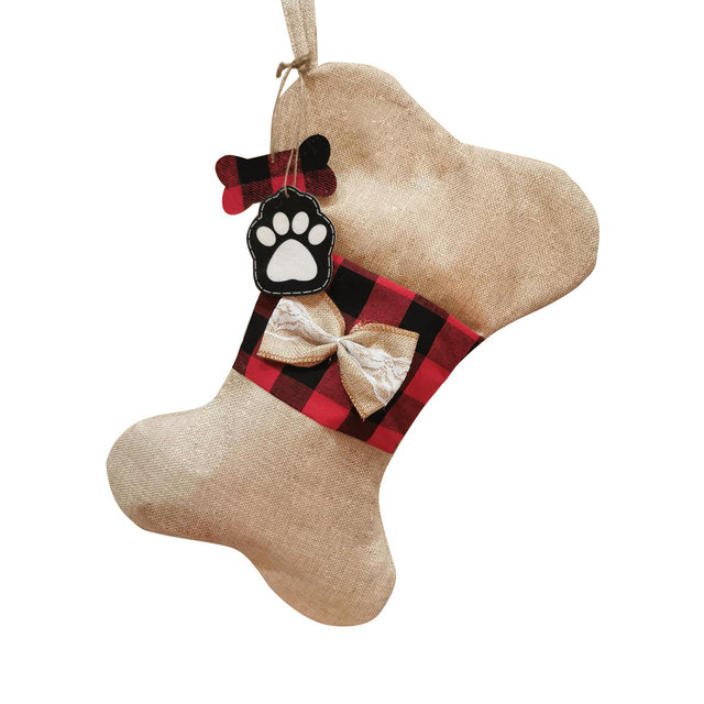 Ozdoba bożonarodzeniowa dla zwierząt w postaci wiszących pończoch - kot, pies, kratka, ryba, łuk, kość, frędzle - Wianko - 4
