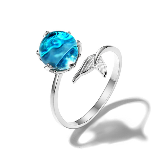 Pierścień Syrenki z niebieskim kryształem, regulowany, srebrny 925, delikatny, elegancki - Wianko - 6