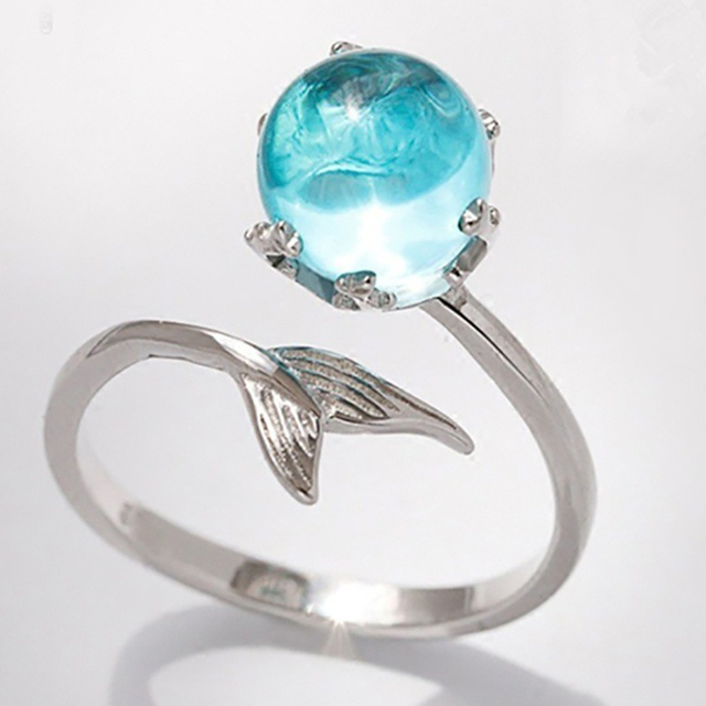 Pierścień Syrenki z niebieskim kryształem, regulowany, srebrny 925, delikatny, elegancki - Wianko - 4