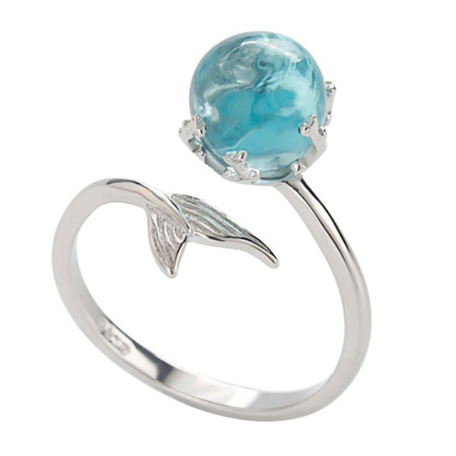 Pierścień Syrenki z niebieskim kryształem, regulowany, srebrny 925, delikatny, elegancki - Wianko - 5