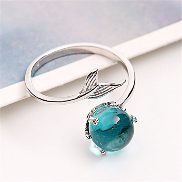 Pierścień Syrenki z niebieskim kryształem, regulowany, srebrny 925, delikatny, elegancki - Wianko - 3