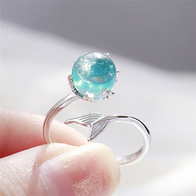 Pierścień Syrenki z niebieskim kryształem, regulowany, srebrny 925, delikatny, elegancki - Wianko - 1