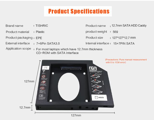 Obudowa na SSD TISHRIC Plastic Hdd Caddy do laptopa z napędem optycznym SATA 2.5 CD-ROM DVD-ROM - Wianko - 2