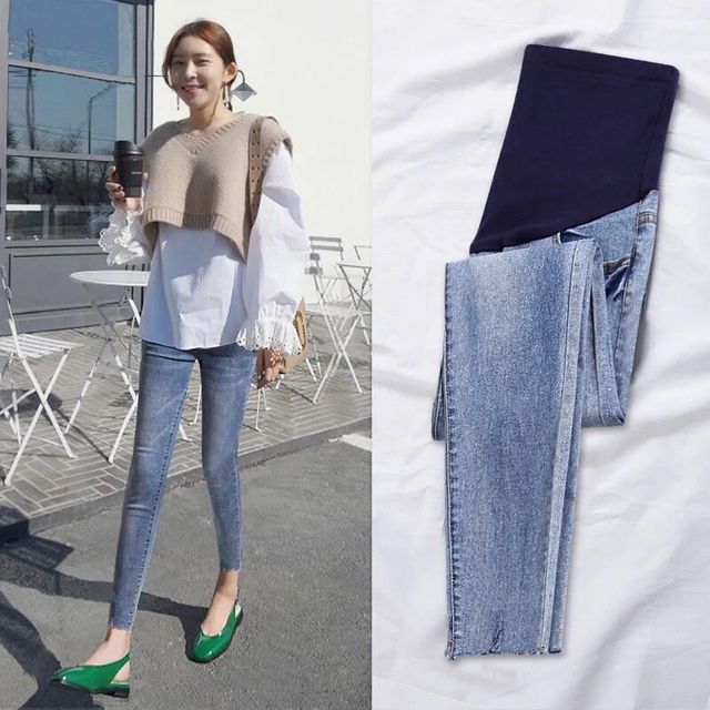 Nowe jeansy slim-fit damskie w ciąży z długimi nogawkami i elastanem - wygodne spodnie jeansowe (dżinsy) - Wianko - 16