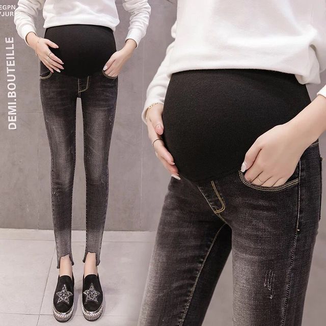 Nowe jeansy slim-fit damskie w ciąży z długimi nogawkami i elastanem - wygodne spodnie jeansowe (dżinsy) - Wianko - 17