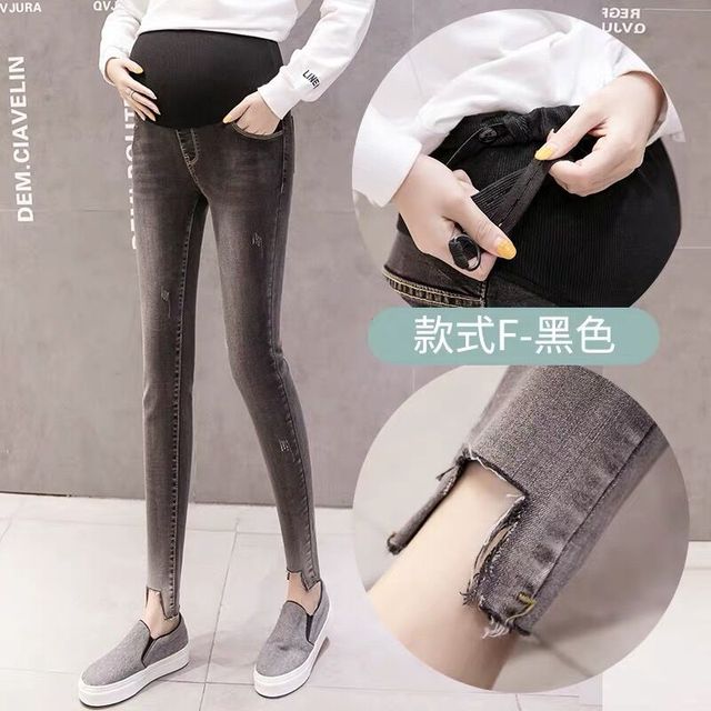 Nowe jeansy slim-fit damskie w ciąży z długimi nogawkami i elastanem - wygodne spodnie jeansowe (dżinsy) - Wianko - 2