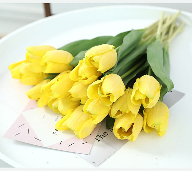 11 sztuk wysokiej jakości sztucznych tulipanów w bukiecie - prawdziwy dotyk, nawilżający, na dekoracje ślubne i wystrój domu - Wianko - 9